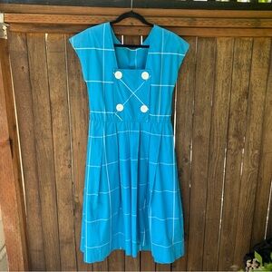 Blue Windowpane Midi Dress with Button Front Detail
